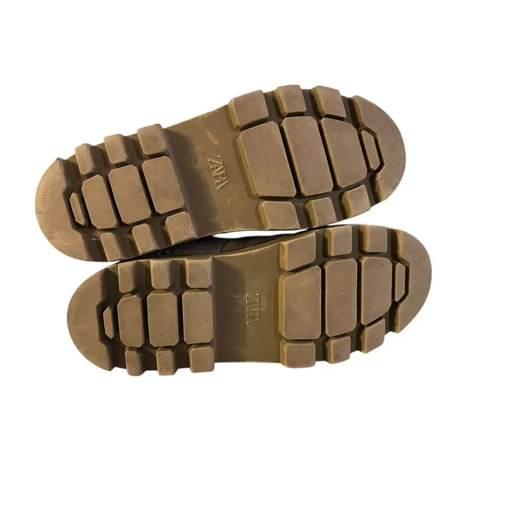 ZARA Combat Boots - Laced Split Leather Low Heel Ankle - Khaki Size 38 (US 7.5) - Picture 6 of 7